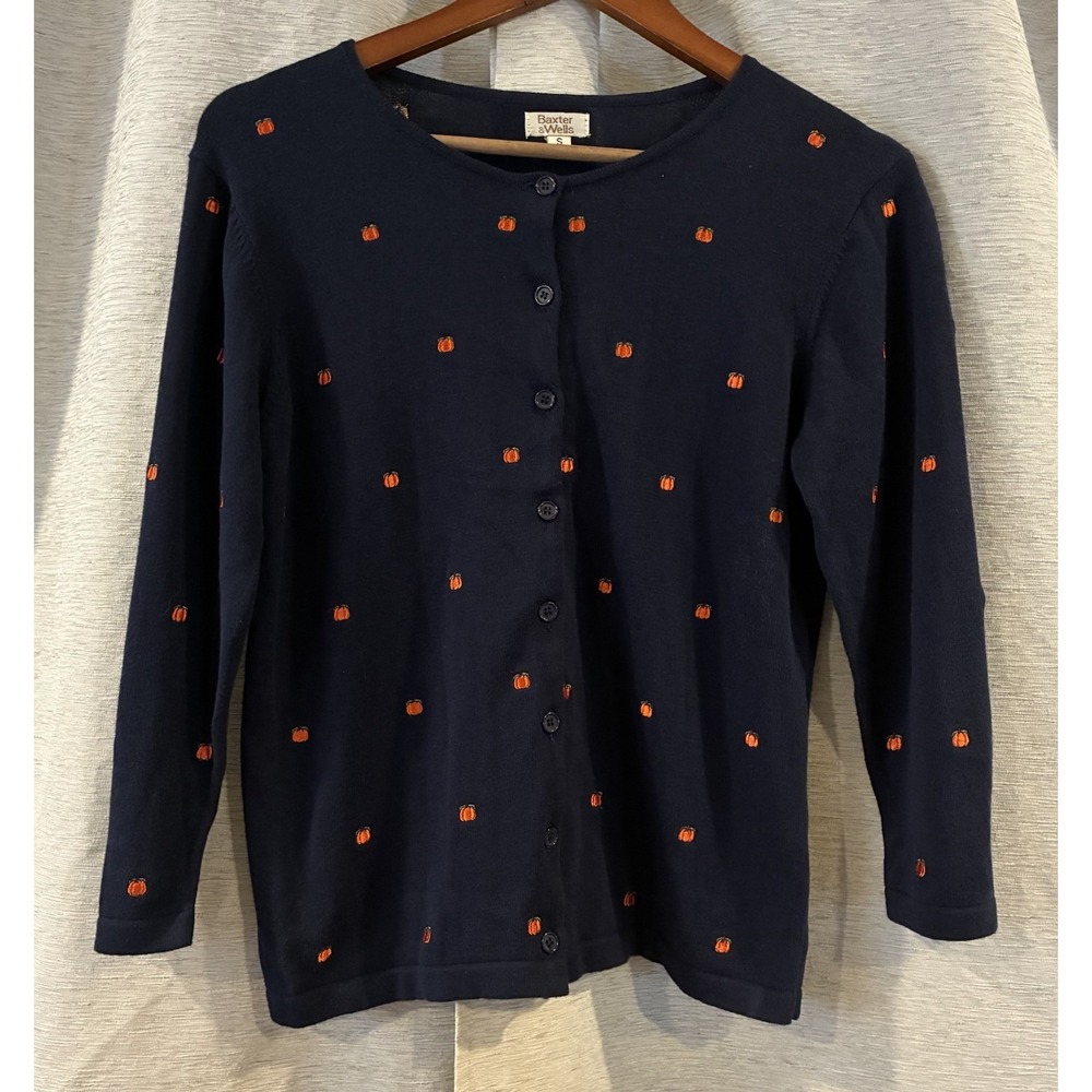 Baxter & Wells Cardigan Navy Blue Embroidered Pumpkins 3/4 Sleeve Cottage Small